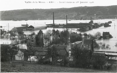 Vue sur Amay lors des inondations de 1926